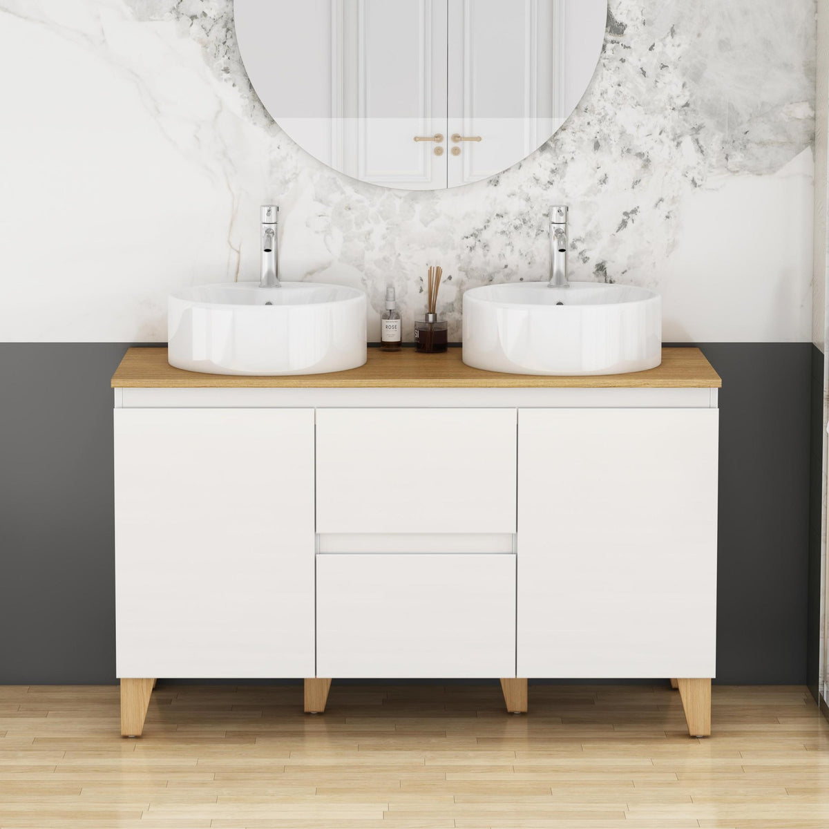 Anthony & Home Signature solid wood top double basin vanity with glossy white finish, featuring two spacious sinks and elegant design.