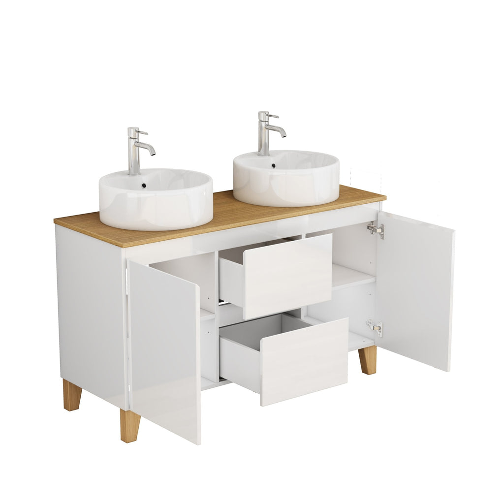 Anthony & Home Signature solid wood top double basin vanity with glossy white finish, featuring two spacious sinks and modern design.