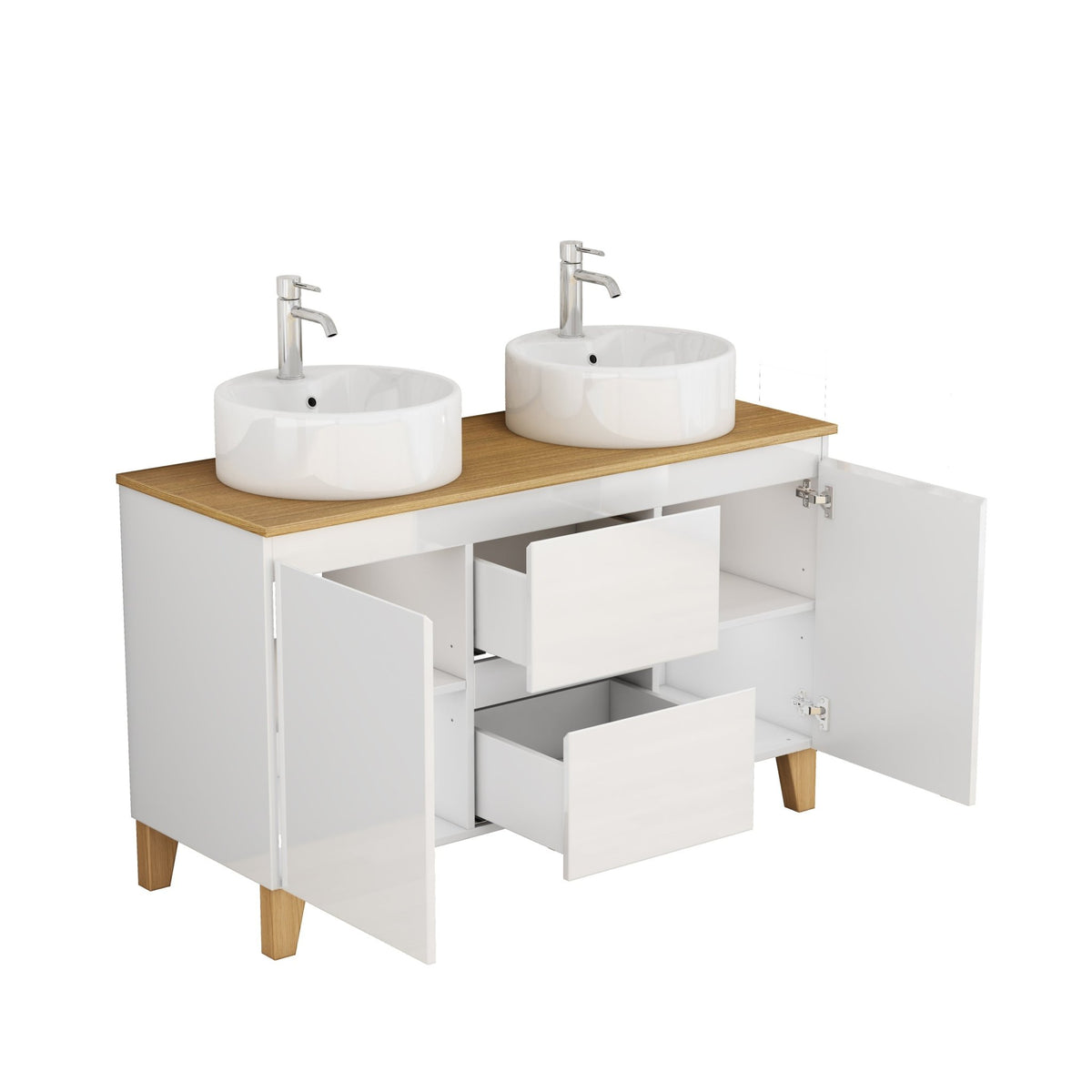 Anthony & Home Signature solid wood top double basin vanity with glossy white finish, featuring two spacious sinks and modern design.
