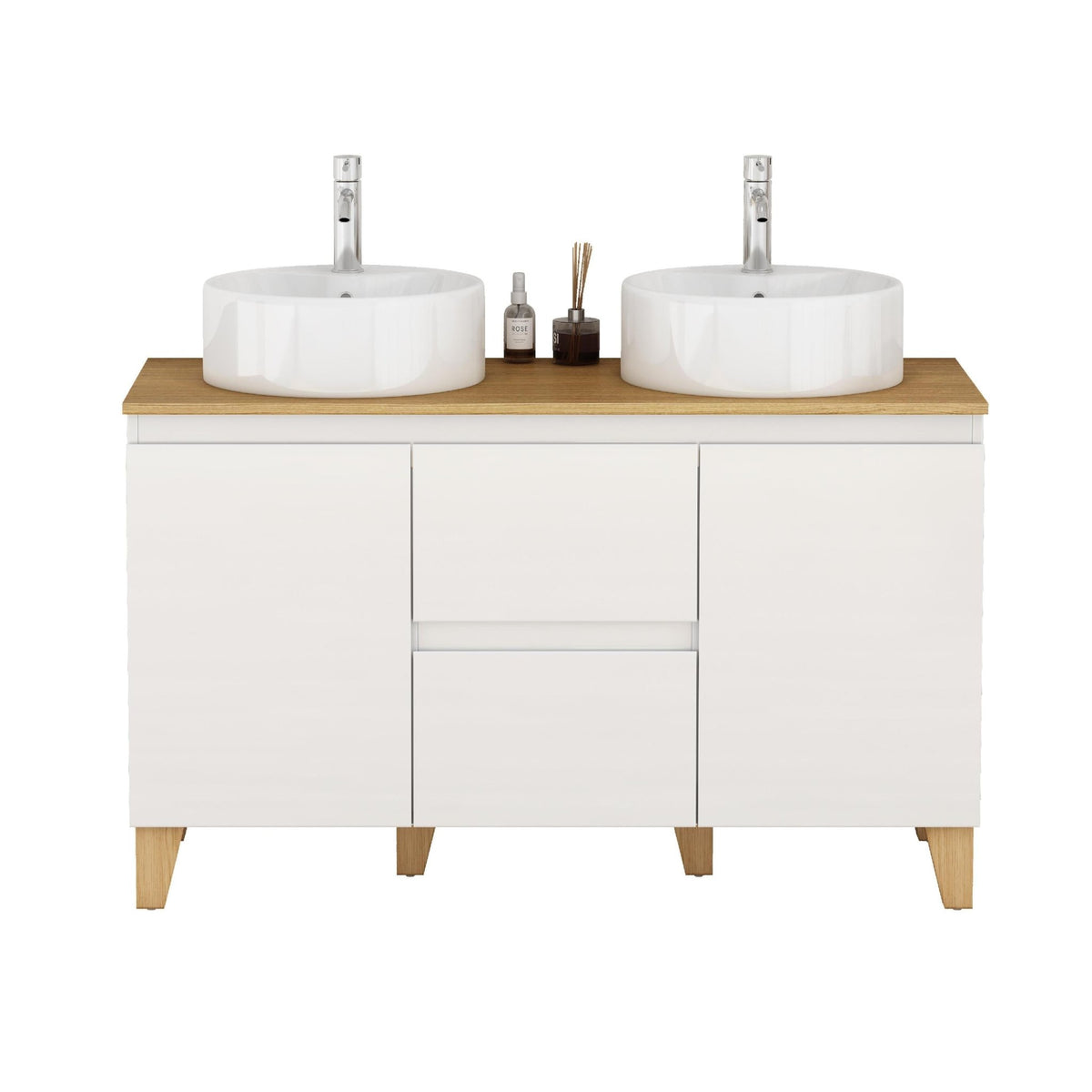 Anthony & Home Signature solid wood top double basin vanity with glossy white finish, featuring elegant sink basins and modern design.