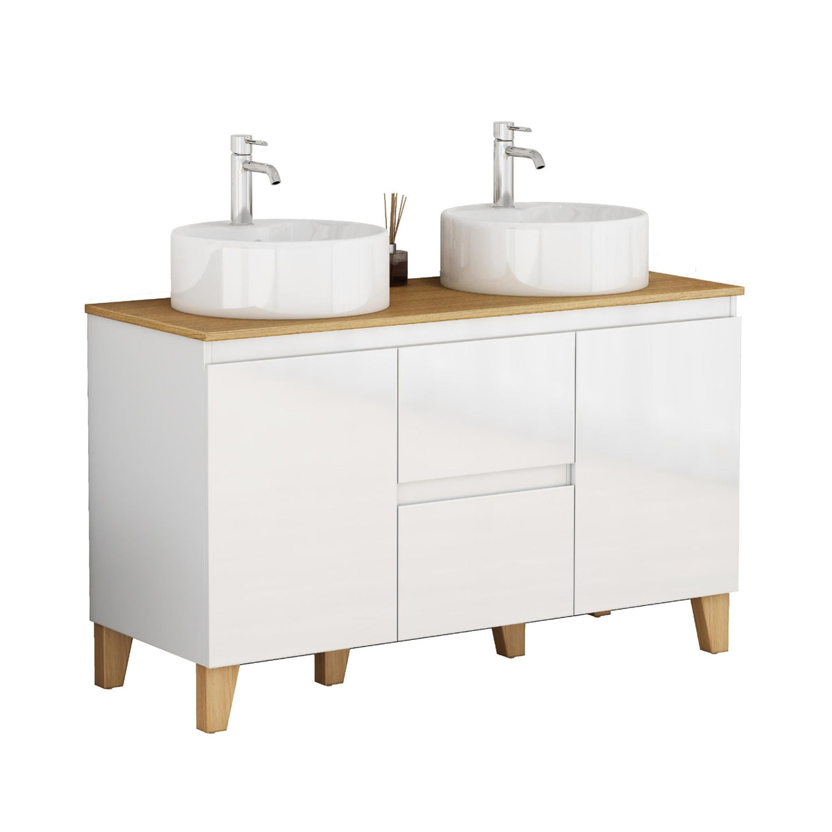 Anthony & Home Signature Solid Wood Top Double Basin Vanity in glossy white with modern design and spacious double sinks.