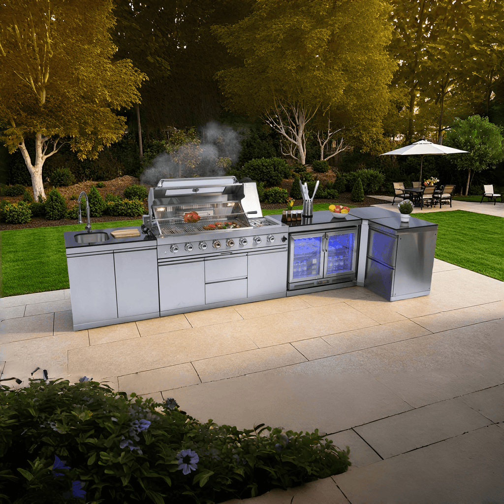 Anthony & Home Signature Stainless Steel Gas Outdoor Kitchen Island with built-in grill and prep space, stainless steel finish.