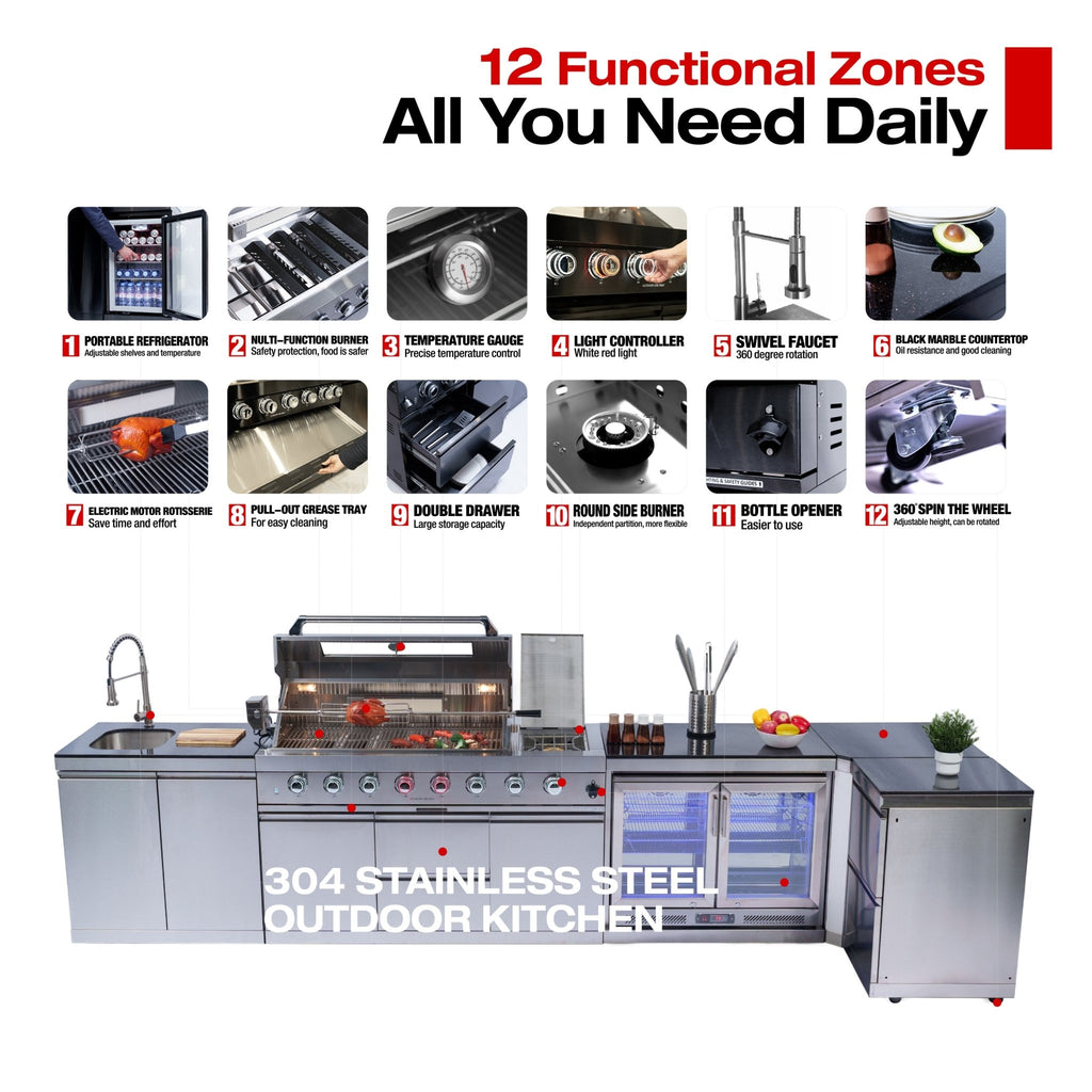 Anthony & Home stainless steel outdoor kitchen island with built-in gas grill and prep space, ideal for outdoor cooking and entertaining.