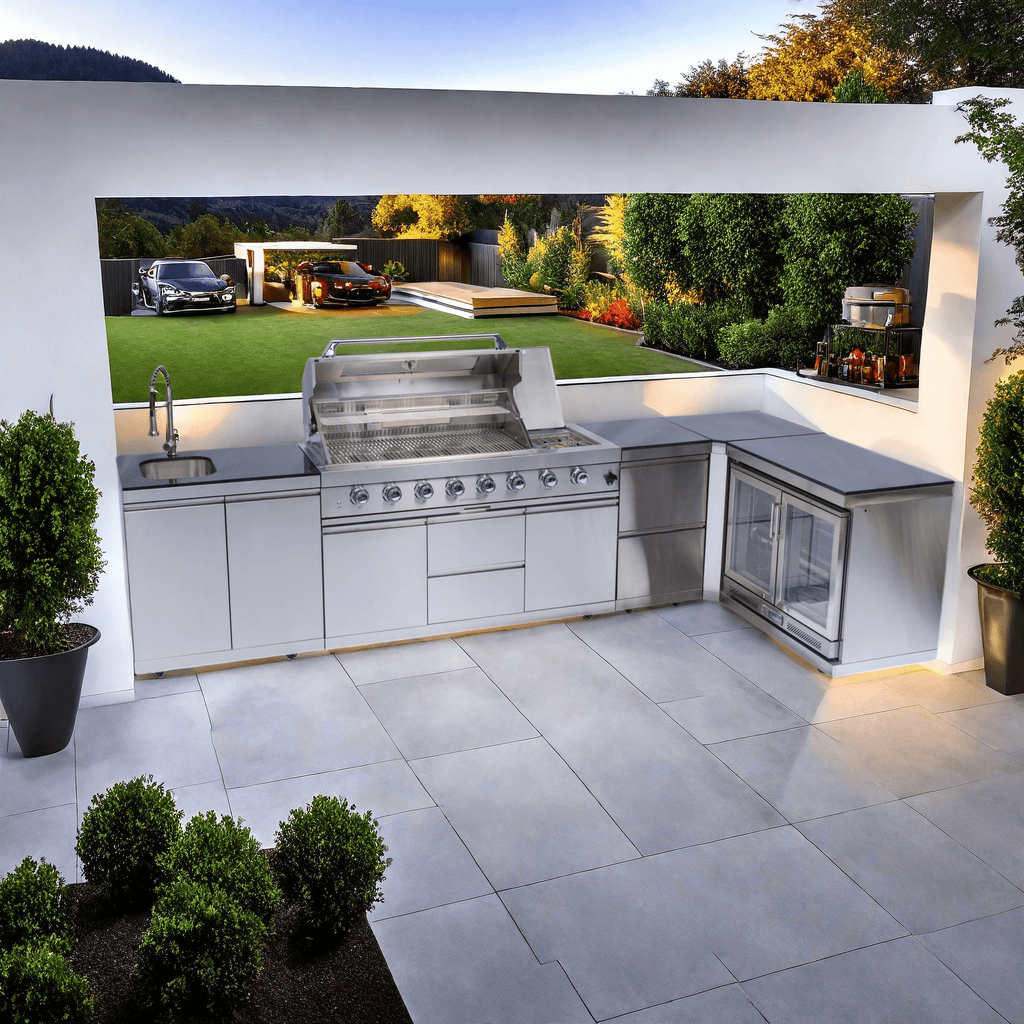 Anthony & Home Signature Stainless Steel Gas Outdoor Kitchen Island with built-in grill and workspace for outdoor cooking.