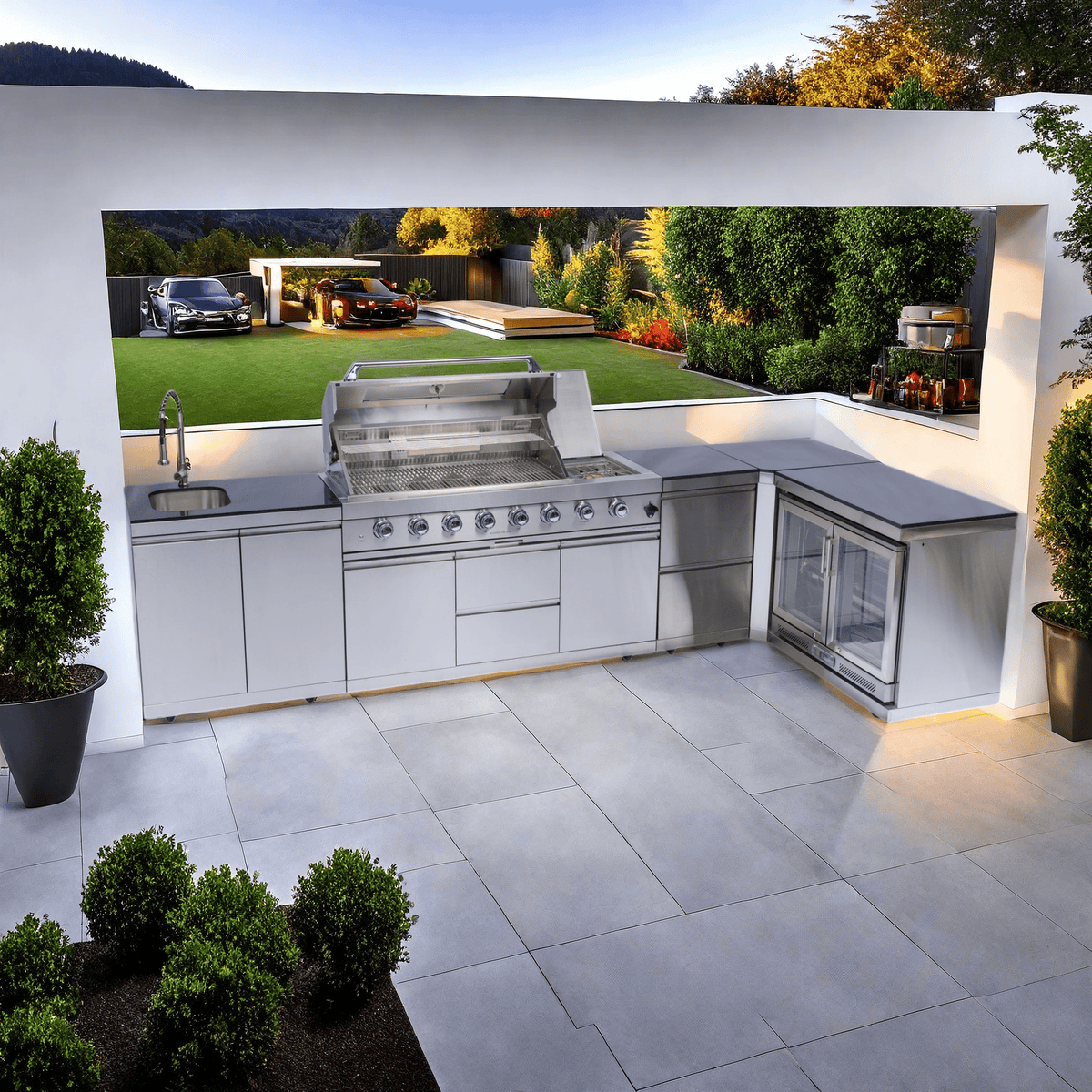 Anthony & Home Signature Stainless Steel Gas Outdoor Kitchen Island with built-in grill and workspace for outdoor cooking.