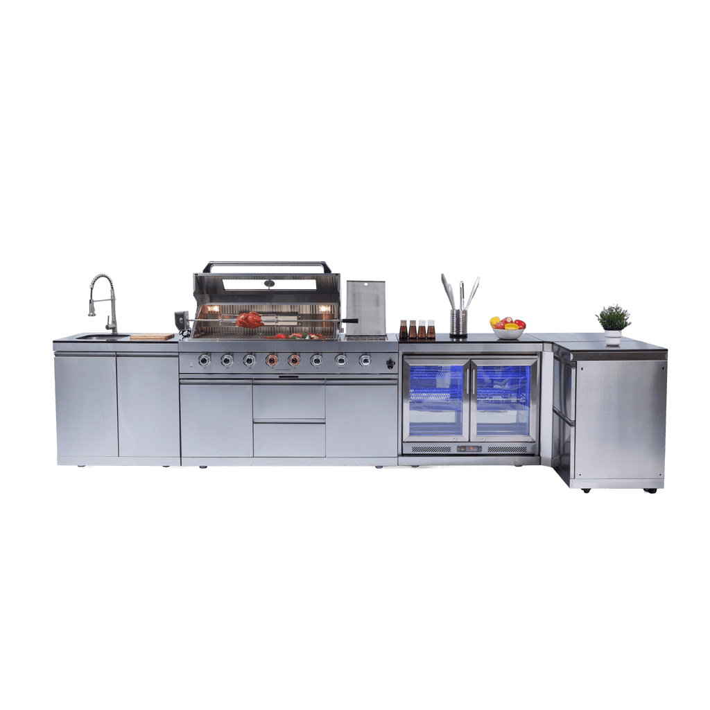 Anthony & Home stainless steel outdoor kitchen island with built-in gas grill and countertop workspace for outdoor cooking.