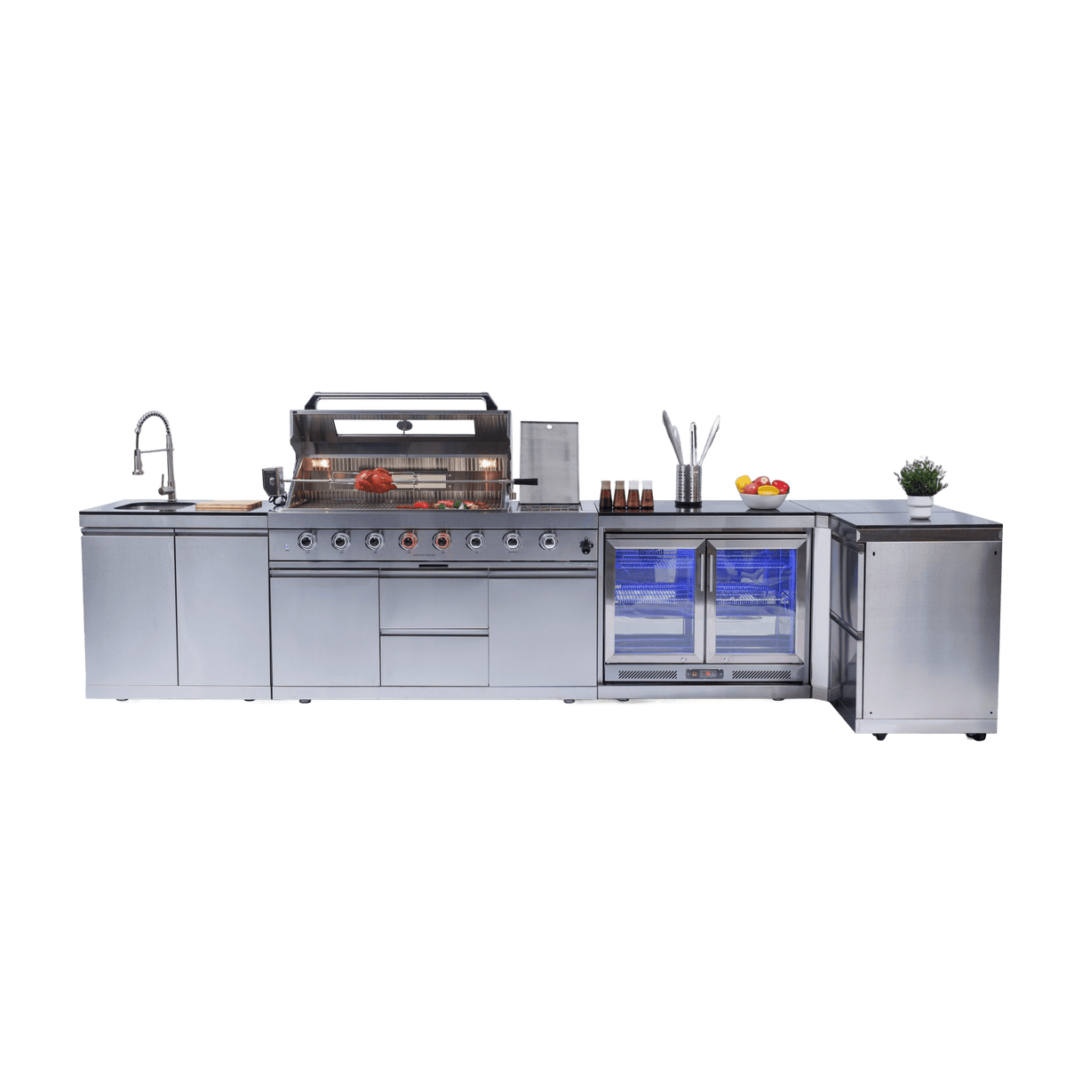 Anthony & Home stainless steel outdoor kitchen island with built-in gas grill and countertop workspace for outdoor cooking.