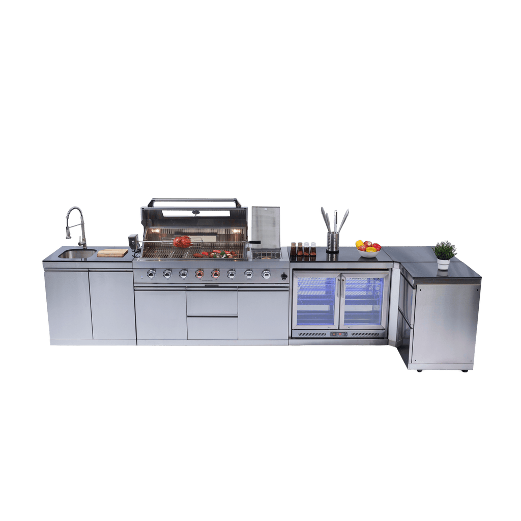 Anthony & Home Signature Stainless Steel Gas Outdoor Kitchen Island with built-in grill and countertop workspace.