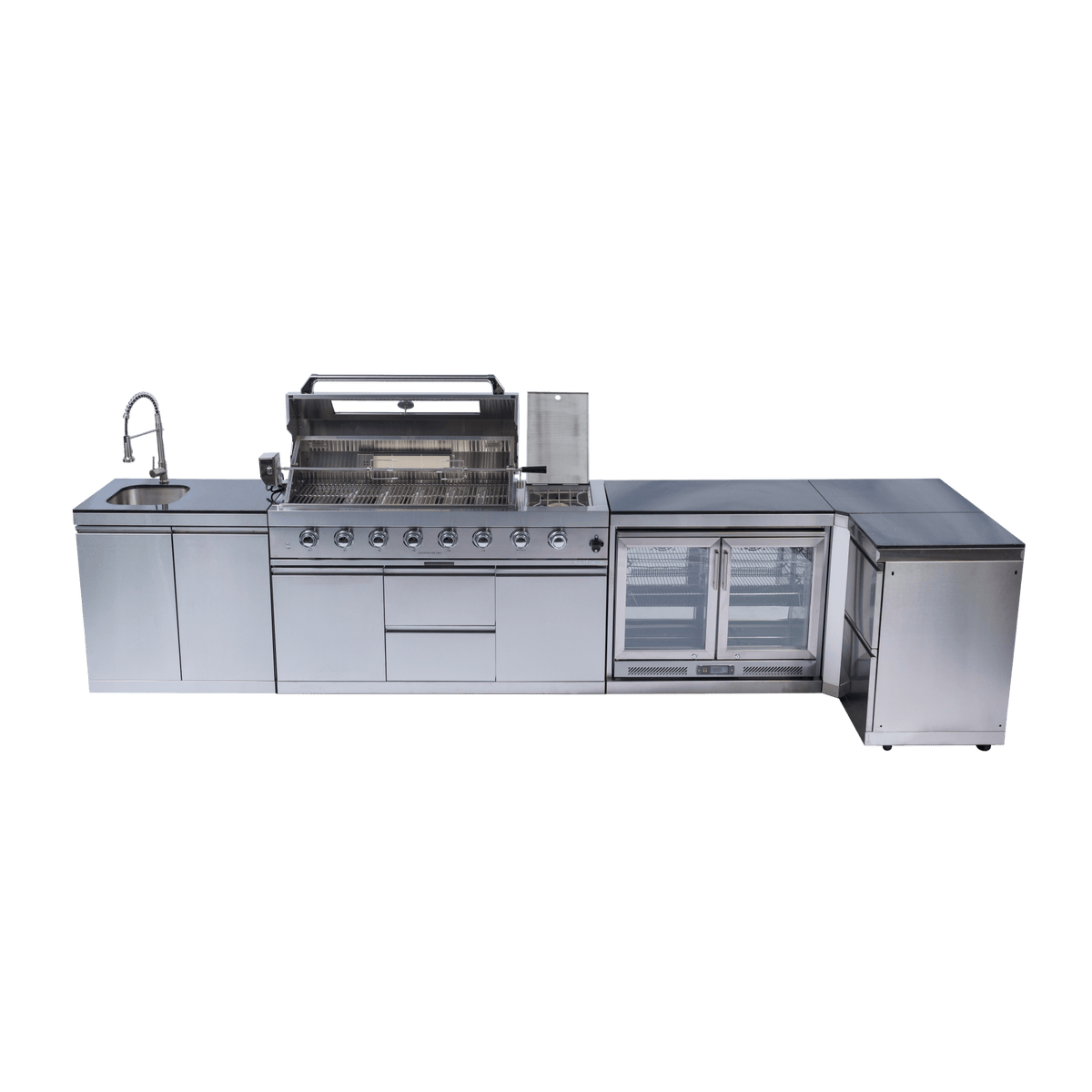Anthony & Home Signature stainless steel outdoor kitchen island with built-in gas grill and prep area for outdoor cooking.