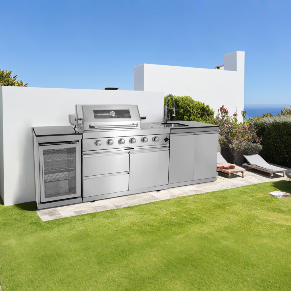 Anthony & Home stainless steel outdoor kitchen island with built-in grill and ample counter space, ideal for outdoor cooking and entertaining.