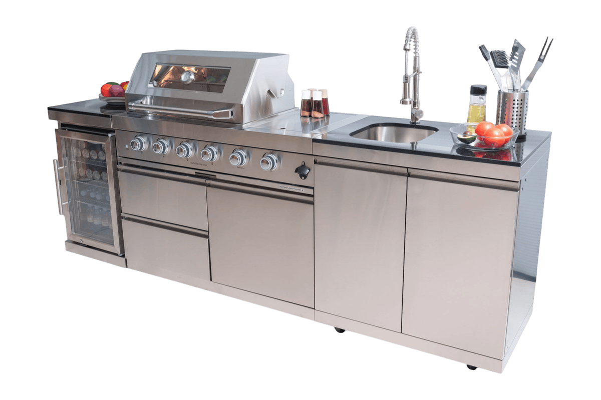Anthony & Home stainless steel outdoor kitchen island with countertop, storage cabinets, and built-in appliances.