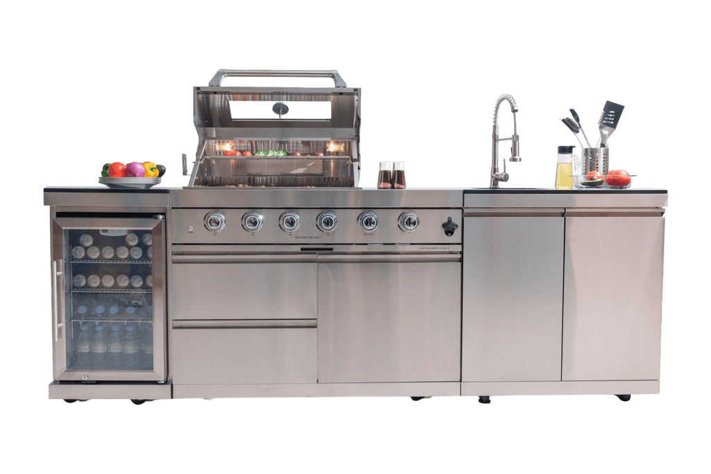 Anthony & Home stainless steel outdoor kitchen island with countertop, built-in appliances, and ample workspace.