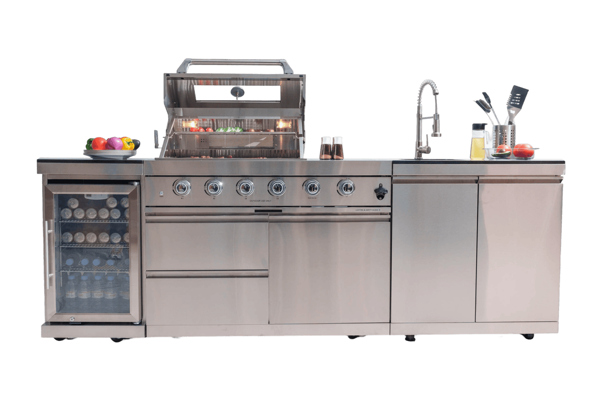 Anthony & Home stainless steel outdoor kitchen island with countertop, built-in appliances, and ample workspace.