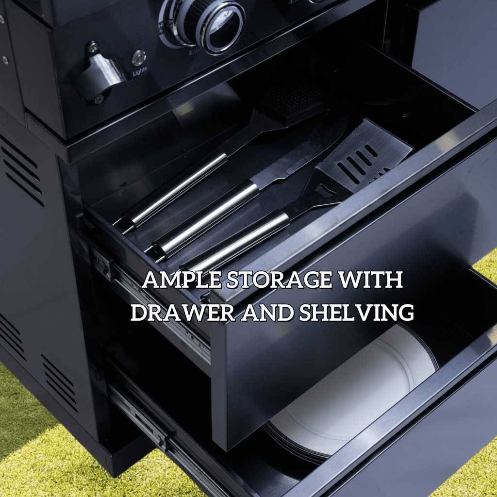 Anthony & Home Signature stainless steel outdoor kitchen island with built-in countertops and storage, ideal for outdoor cooking spaces.