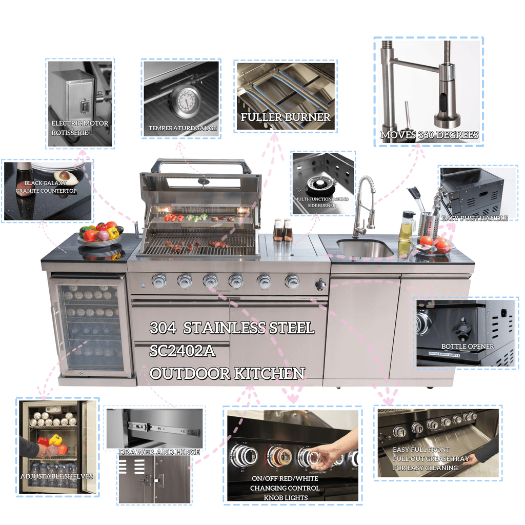 Anthony & Home stainless steel outdoor kitchen island with built-in prep space and storage for outdoor cooking and entertaining.