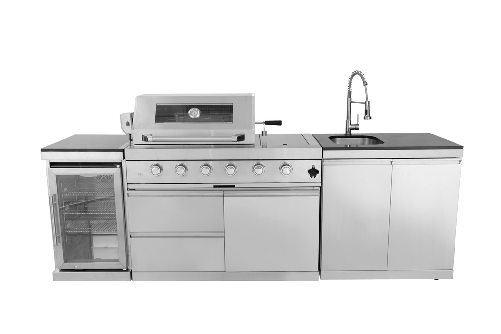 Anthony & Home stainless steel outdoor kitchen island with built-in workspace and storage.