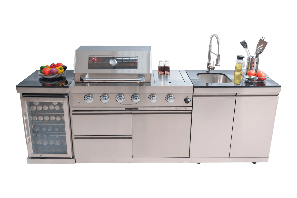Anthony & Home stainless steel outdoor kitchen island with built-in grill and countertop for outdoor cooking and entertaining.