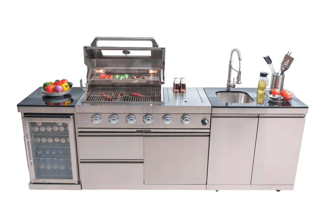 Anthony & Home Signature stainless steel outdoor kitchen island with built-in appliances and spacious countertop for outdoor cooking.