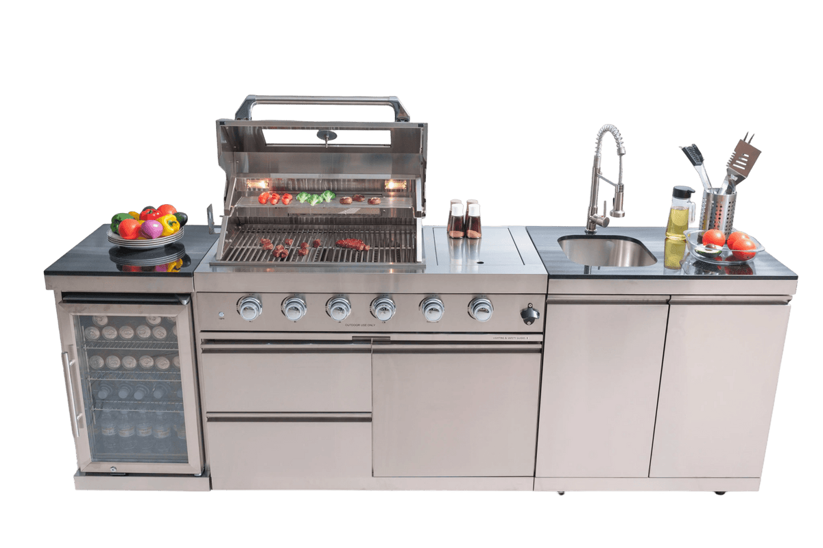 Anthony & Home Signature stainless steel outdoor kitchen island with built-in appliances and spacious countertop for outdoor cooking.