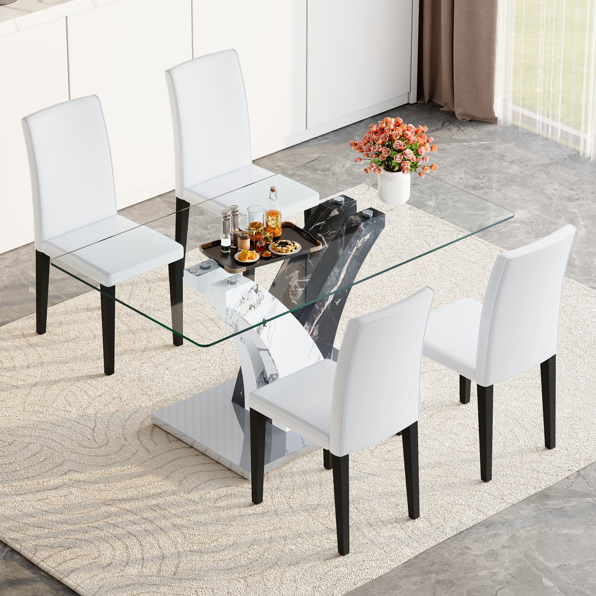 Anthony & Home Signature tempered glass dining table with matching chairs, modern furniture set for dining room.