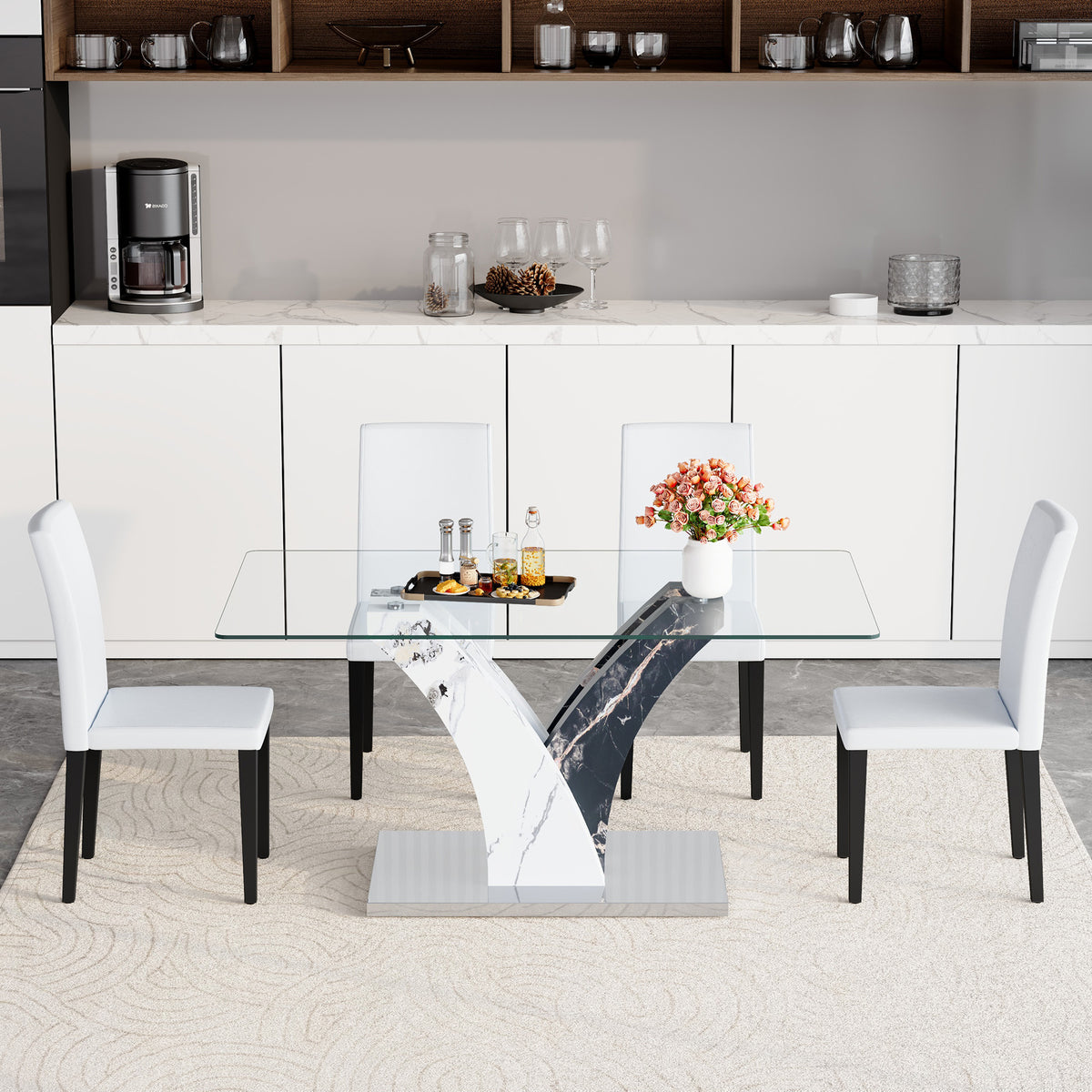 Anthony & Home tempered glass dining table with matching chairs, modern dining set for contemporary kitchens or dining rooms.