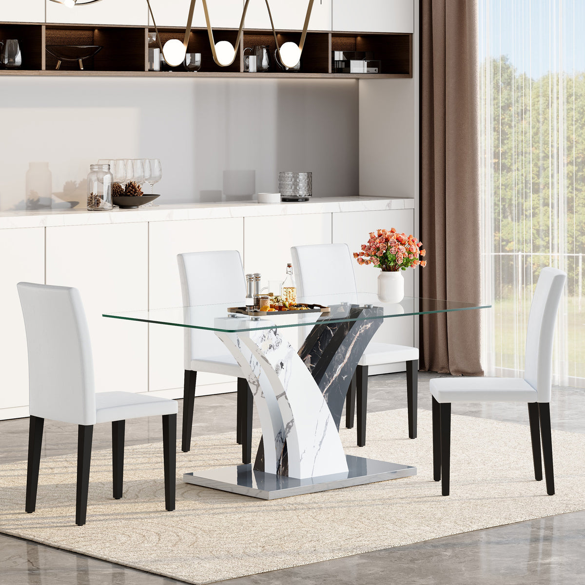 Anthony & Home tempered glass dining table with matching chairs in a modern kitchen setting.