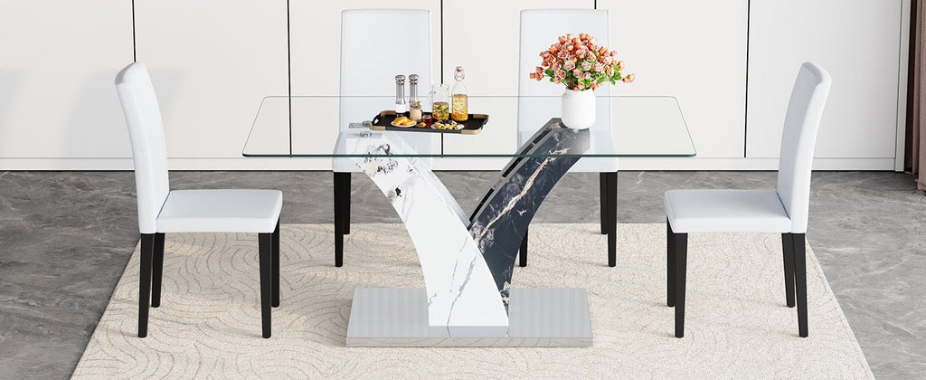 Anthony & Home tempered glass dining table with matching chairs, modern furniture set featuring a sleek glass tabletop and stylish seating.