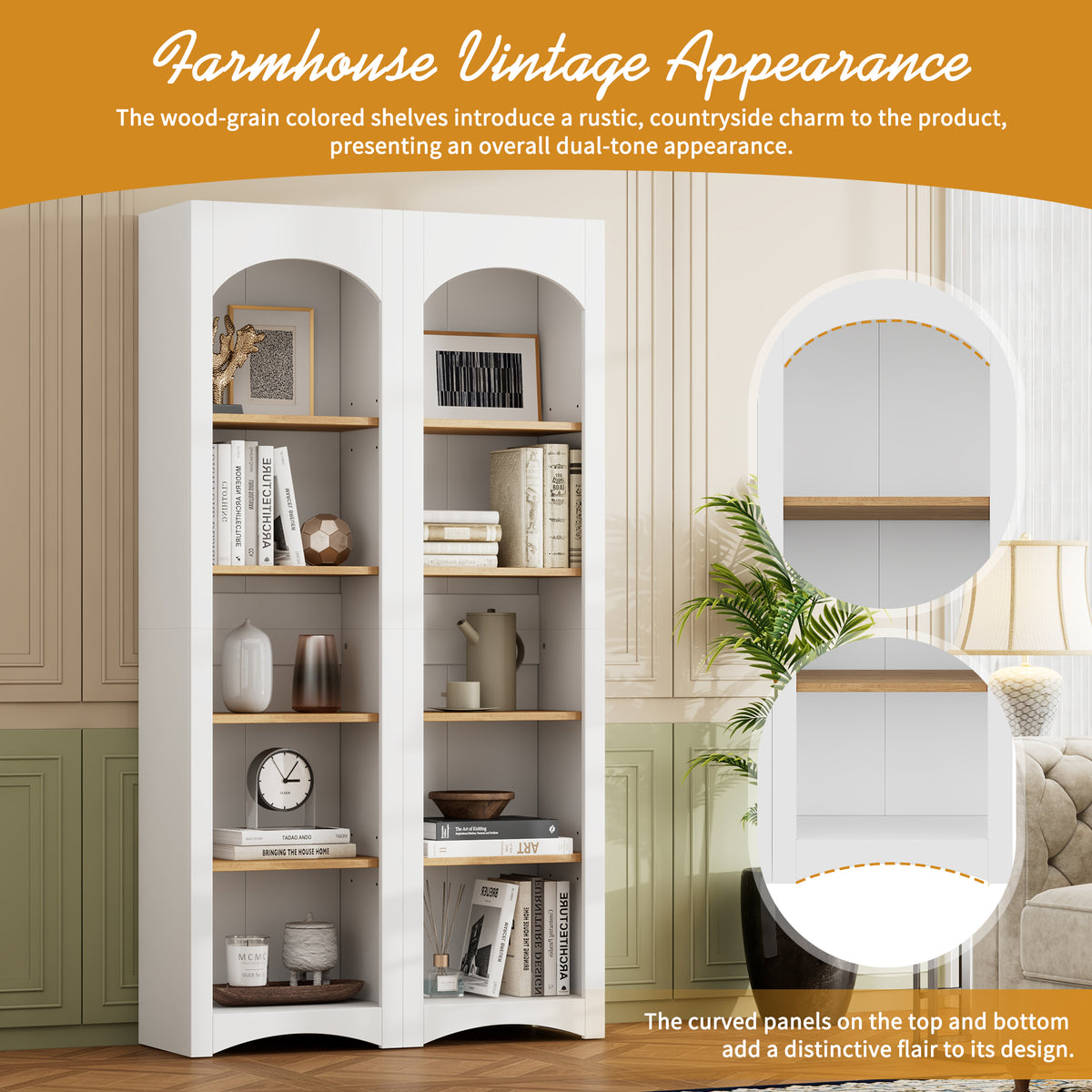 Two-tone wood-grain free-standing bookshelf by Anthony & Home with multiple shelves for storage and display.