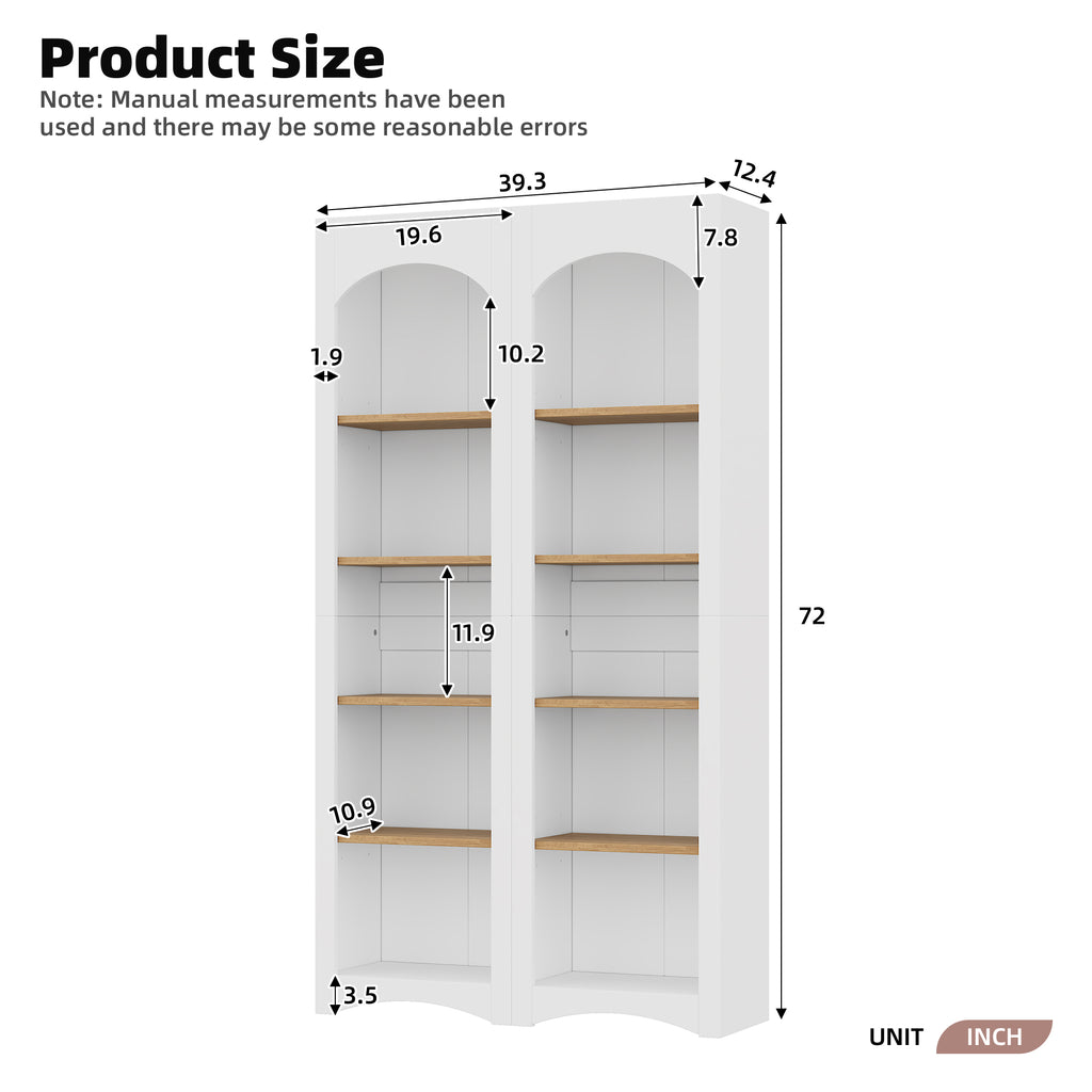 Two-tone wood-grain free-standing bookshelves by Anthony & Home with multiple shelves for storage and display.