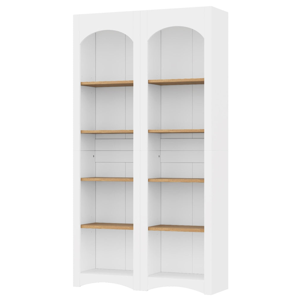 Two-tone wood-grain free-standing bookshelves by Anthony & Home with multiple shelves for storage and display.