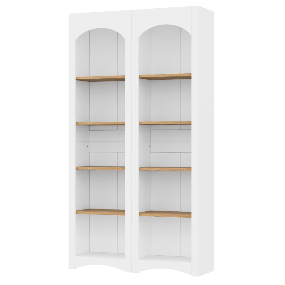 Two-tone wood-grain free-standing bookshelves by Anthony & Home with multiple shelves for storage and display.