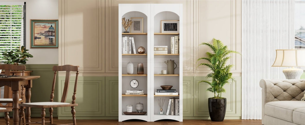 Anthony & Home two-tone wood-grain free-standing bookshelf with multiple shelves and modern design.