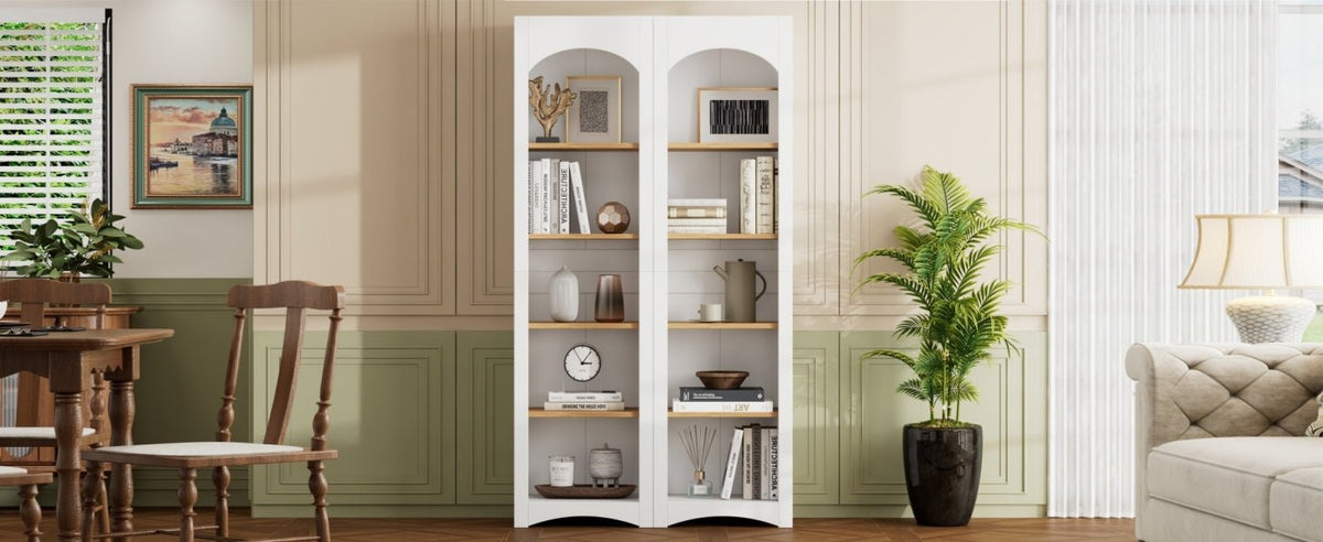 Anthony & Home two-tone wood-grain free-standing bookshelf with multiple shelves and modern design.