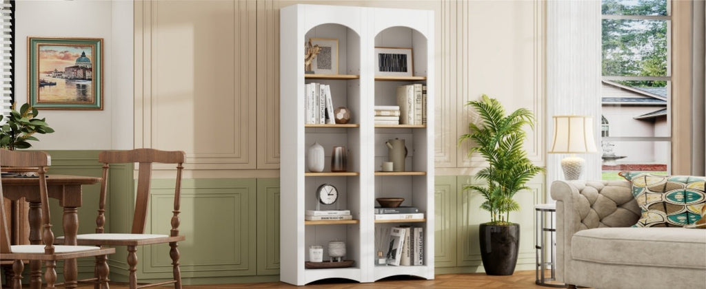 Anthony & Home Signature Two-Tone Wood-Grain Free-Standing Bookshelves, showcasing modern design and ample storage space.