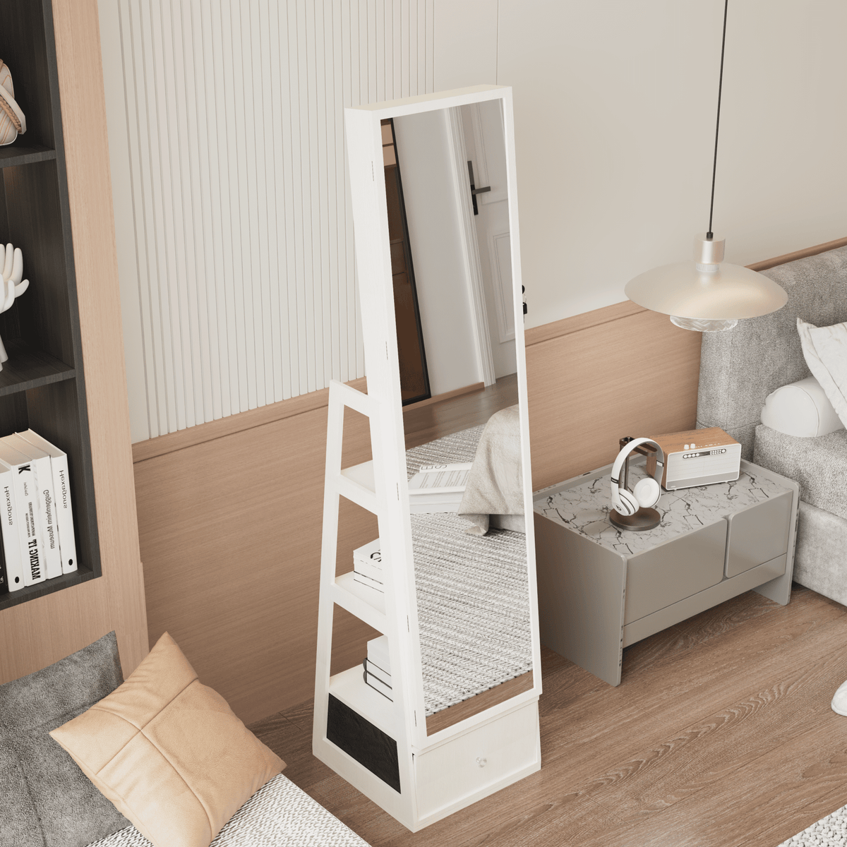 Anthony & Home Signature White jewelry armoire with 360-degree mirror and storage compartments, showcasing elegant jewelry organization.