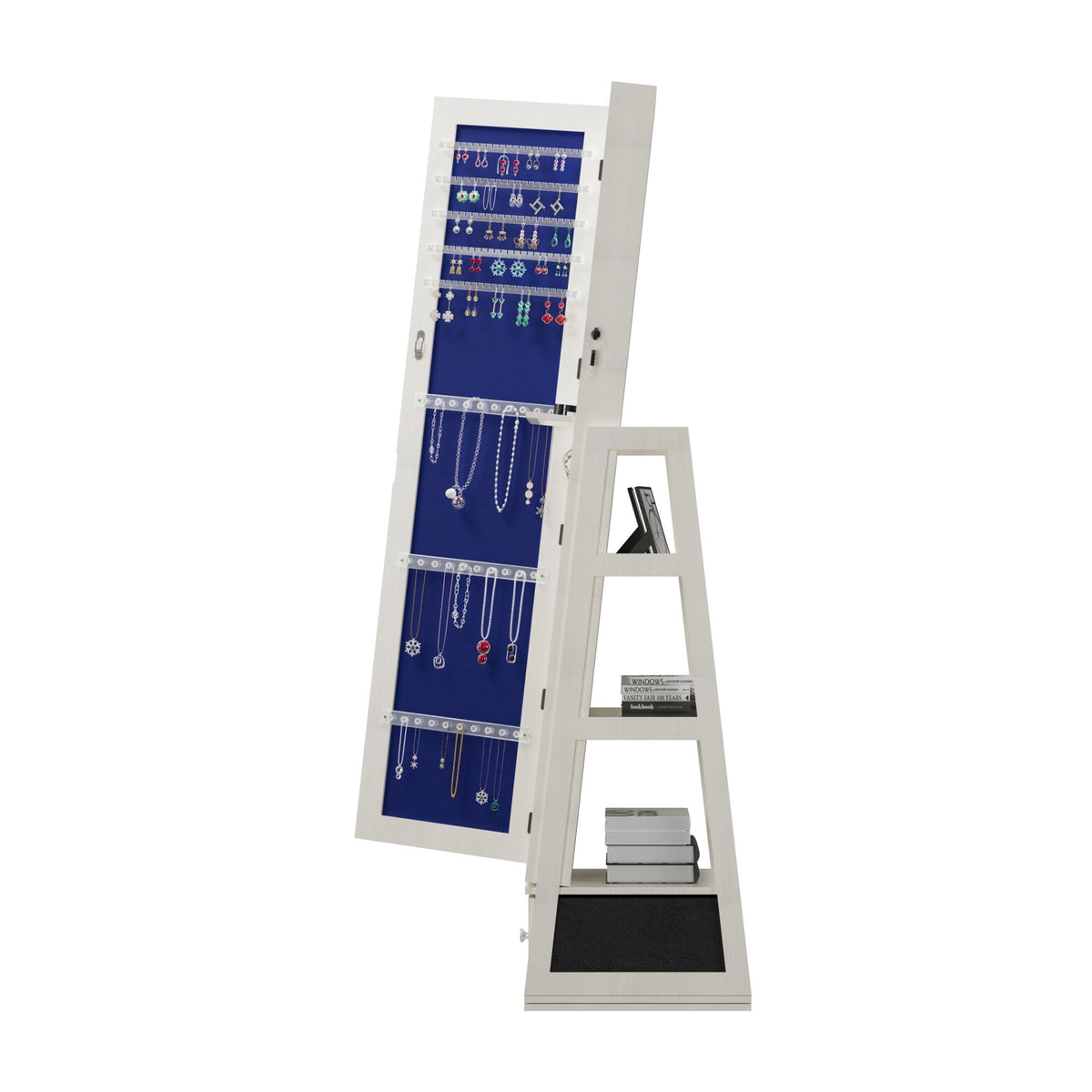 Anthony & Home Signature White 360° Jewelry Armoire with mirror, showcasing storage compartments and elegant design.