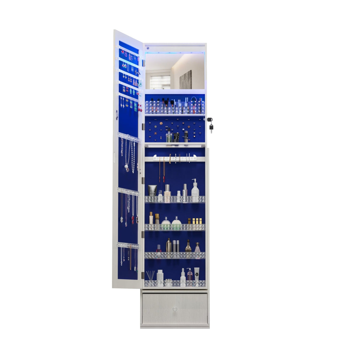Anthony & Home Signature White 360° Jewelry Armoire with mirror, showcasing multiple compartments and a sleek, modern design.