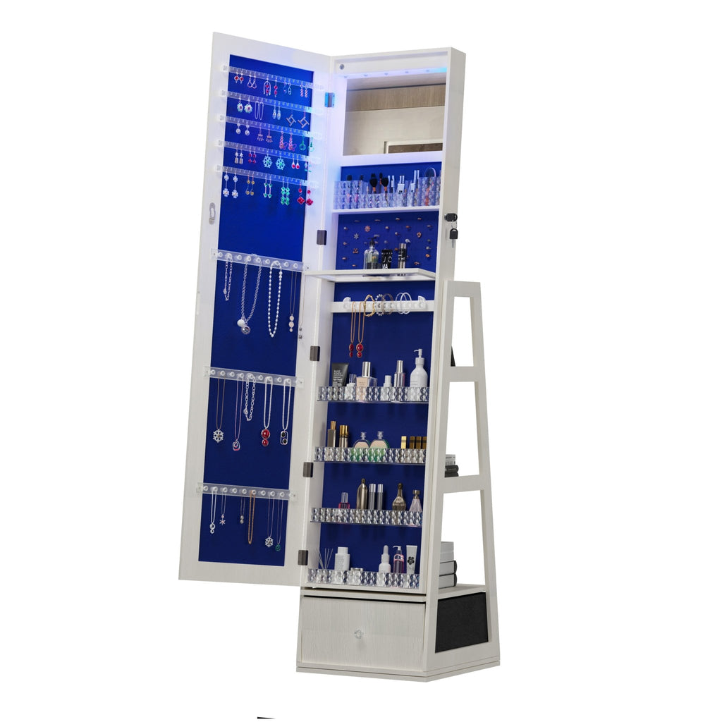 Anthony & Home Signature White 360° Jewelry Armoire with mirror, featuring storage compartments and a sleek design.