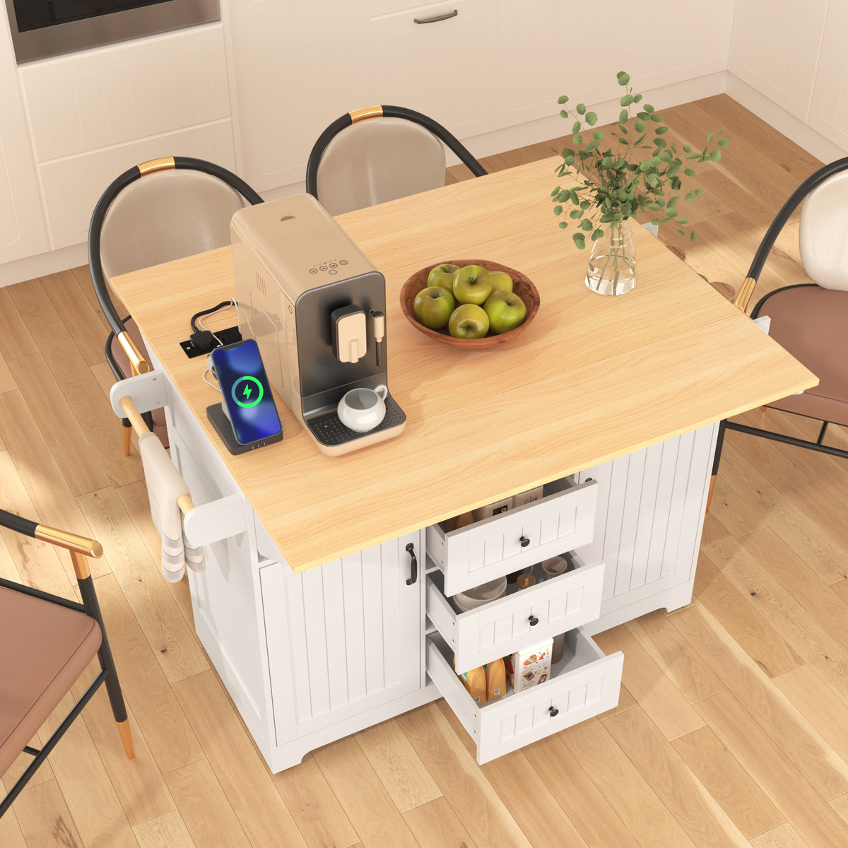 Anthony & Home Signature White Farmhouse Kitchen Island with Drop Leaves, sturdy wood construction and spacious surface for cooking and prep.