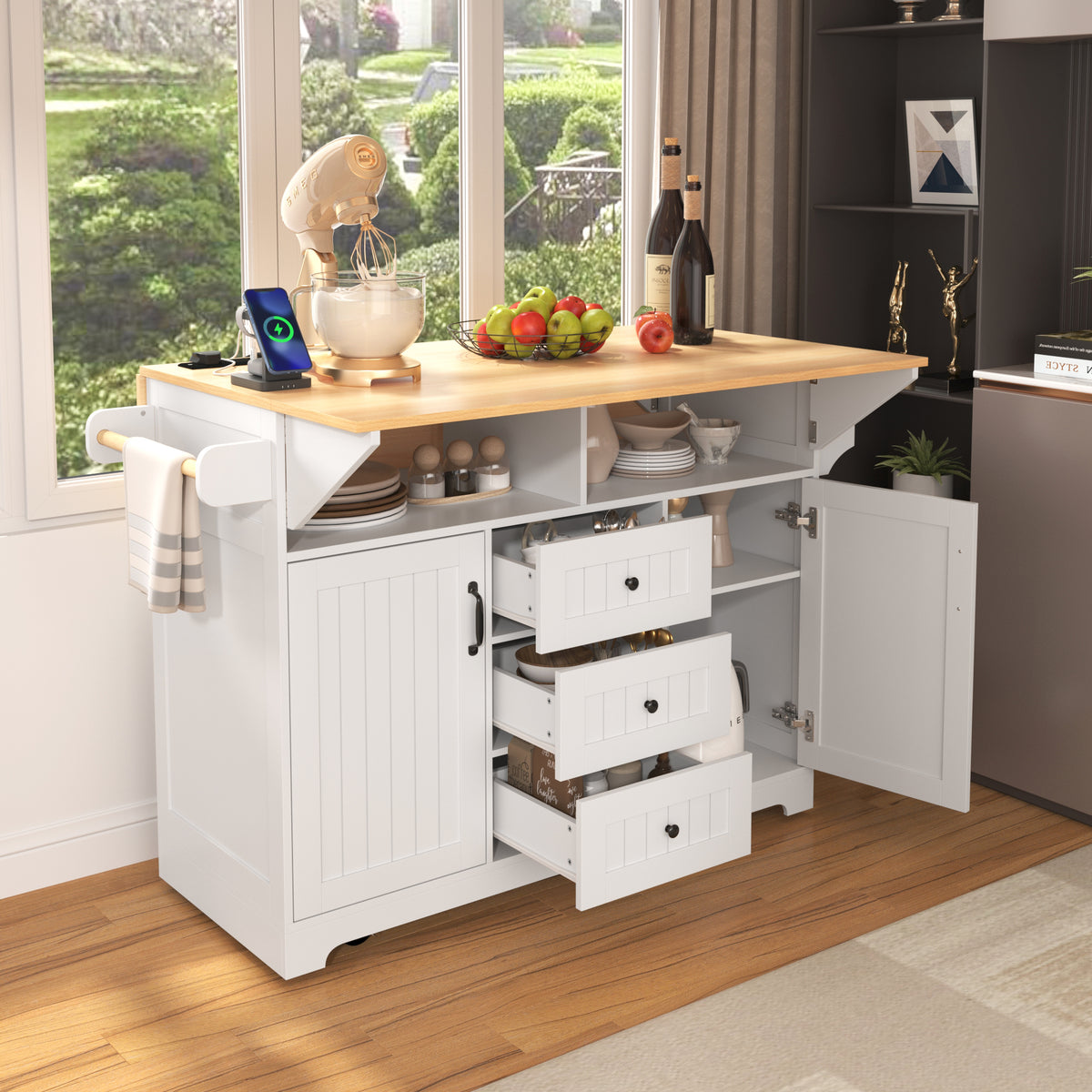 Anthony & Home Signature White Farmhouse Kitchen Island with Drop Leaves, featuring a spacious wooden surface and classic design.