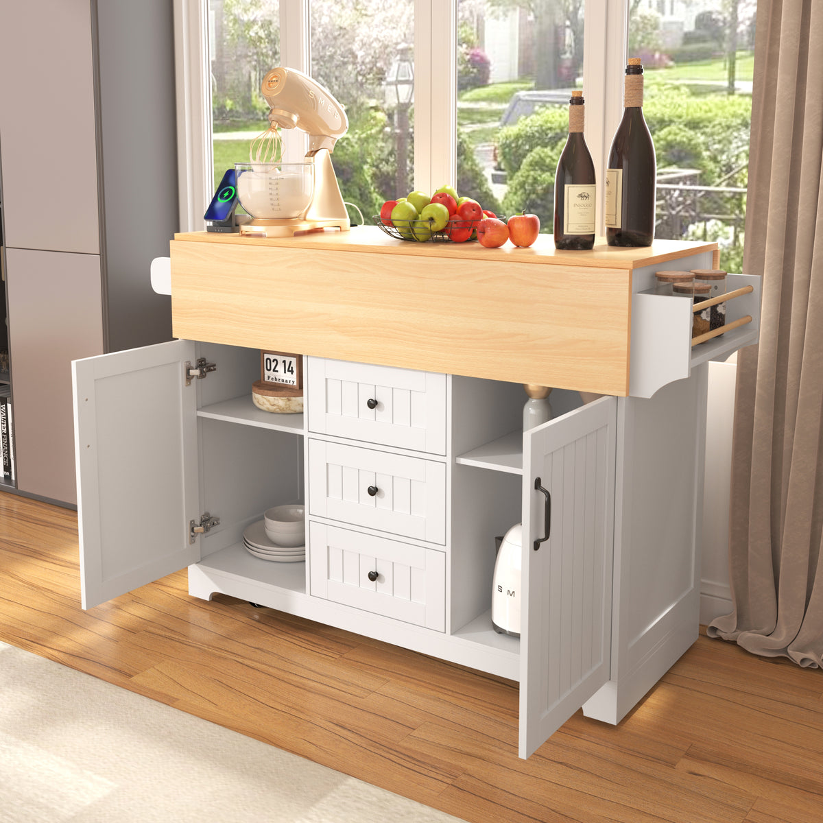 Anthony & Home Signature White Farmhouse Kitchen Island with Drop Leaves, showing a sturdy wooden table with drop-leaf extensions