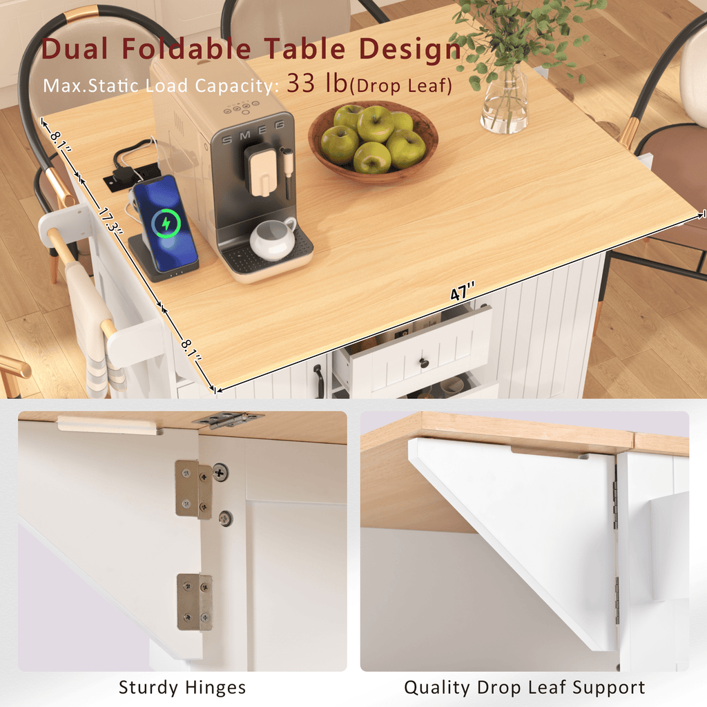 Anthony & Home Signature White Farmhouse Kitchen Island with Drop Leaves, showing a spacious wooden kitchen island with a classic farmhouse design.