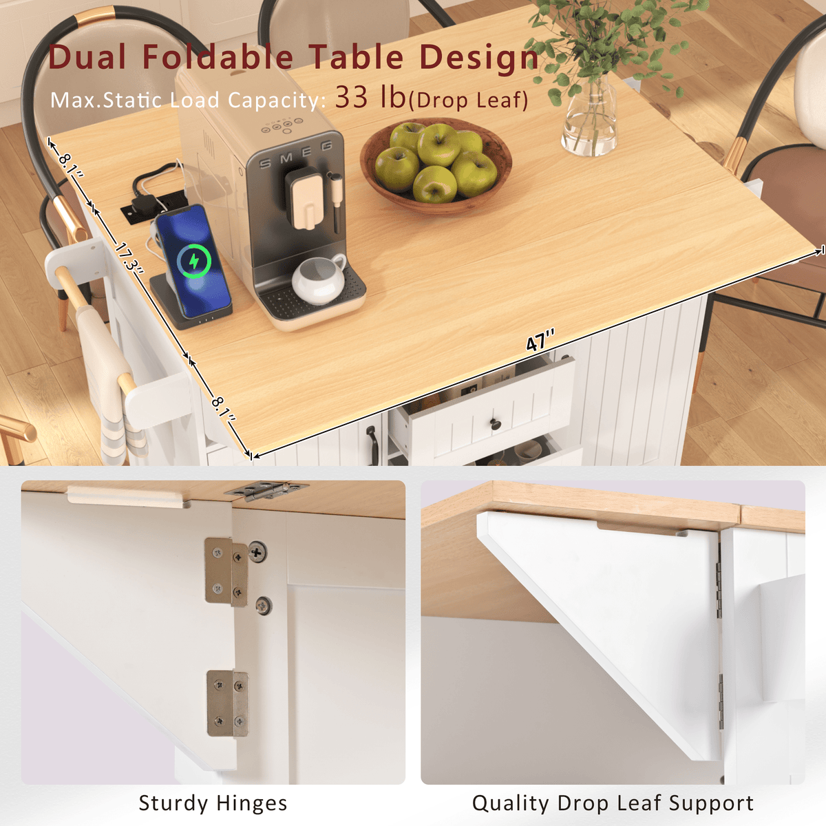 Anthony & Home Signature White Farmhouse Kitchen Island with Drop Leaves, showing a spacious wooden kitchen island with a classic farmhouse design.