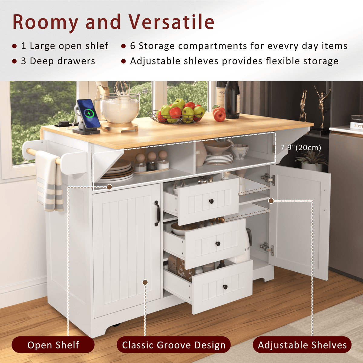 White farmhouse kitchen island with drop leaves from Anthony & Home, featuring a spacious top and rustic design.