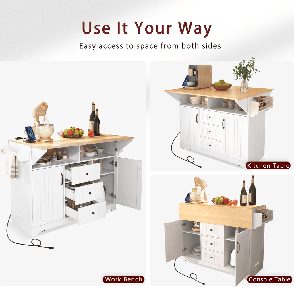 Anthony & Home Signature White Farmhouse Kitchen Island with Drop Leaves, showing a sturdy wooden surface and spacious storage.