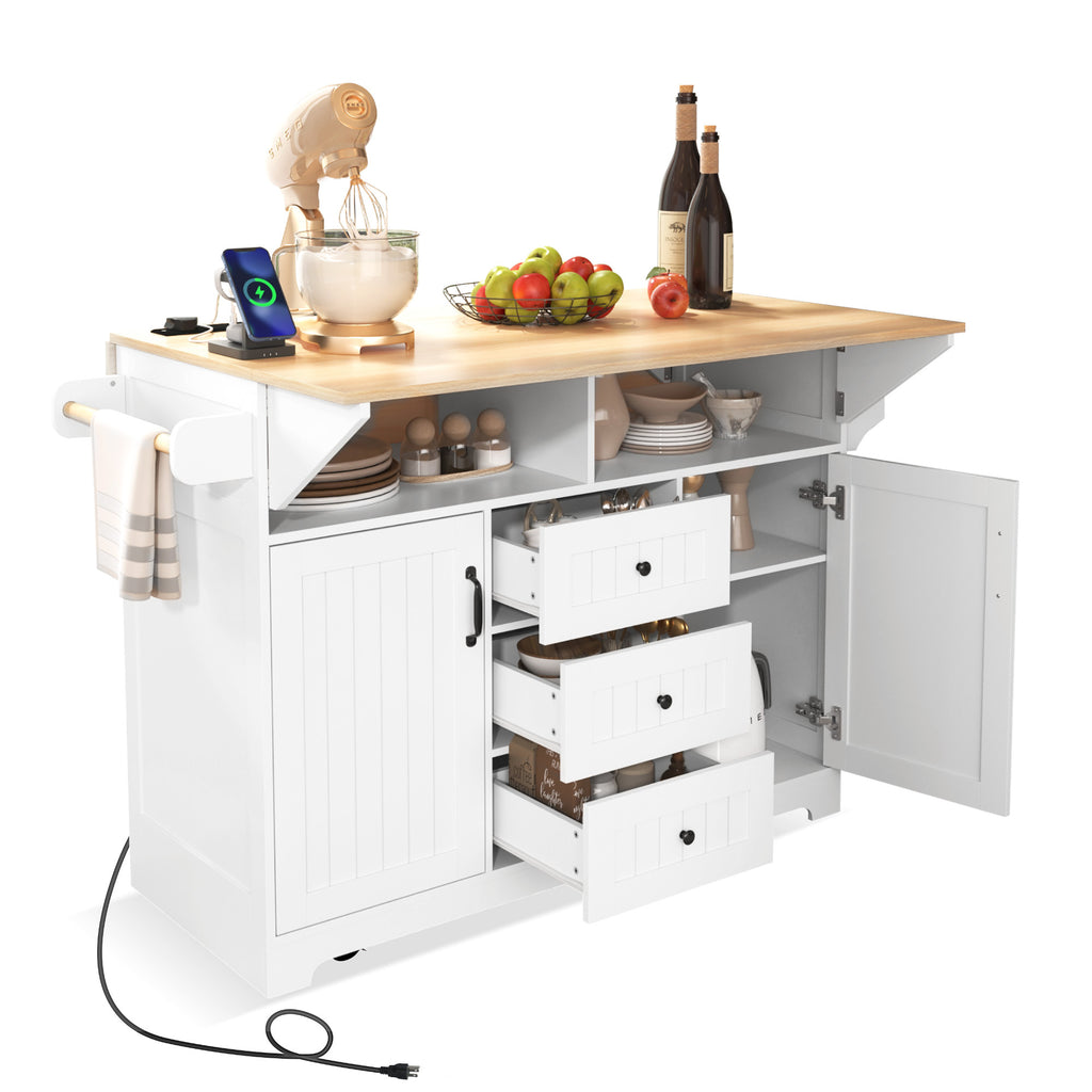 Anthony & Home Signature White Farmhouse Kitchen Island with Drop Leaves, showing a spacious, rustic-style kitchen island in a bright setting.