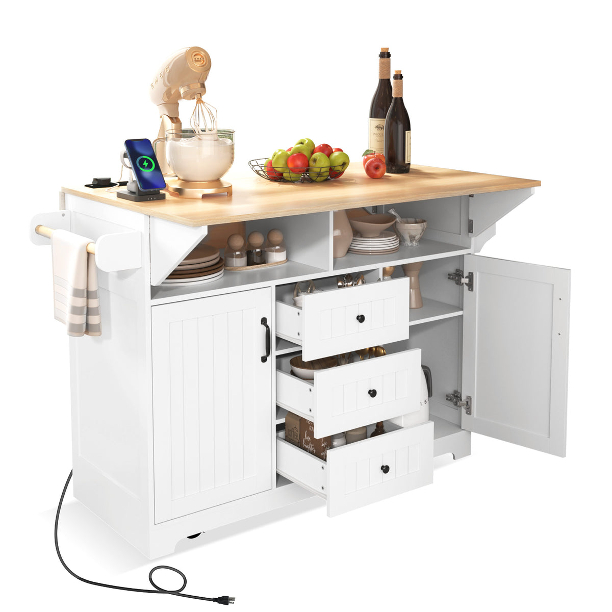 Anthony & Home Signature White Farmhouse Kitchen Island with Drop Leaves, showing a spacious, rustic-style kitchen island in a bright setting.