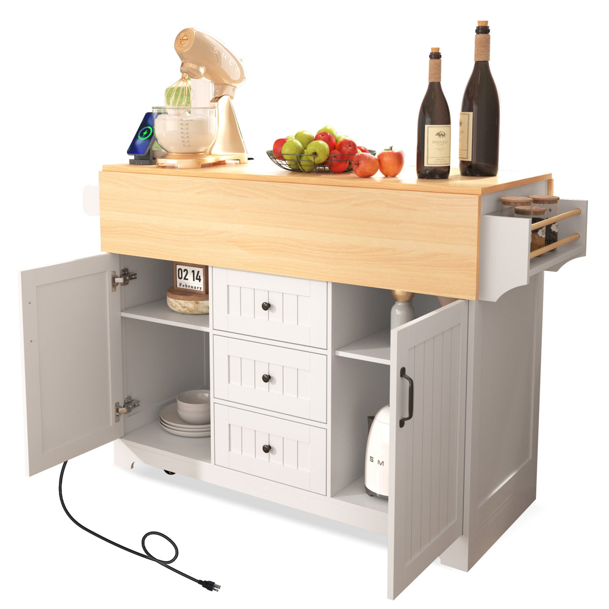 Anthony & Home Signature White Farmhouse Kitchen Island with Drop Leaves, showing the spacious tabletop and classic design