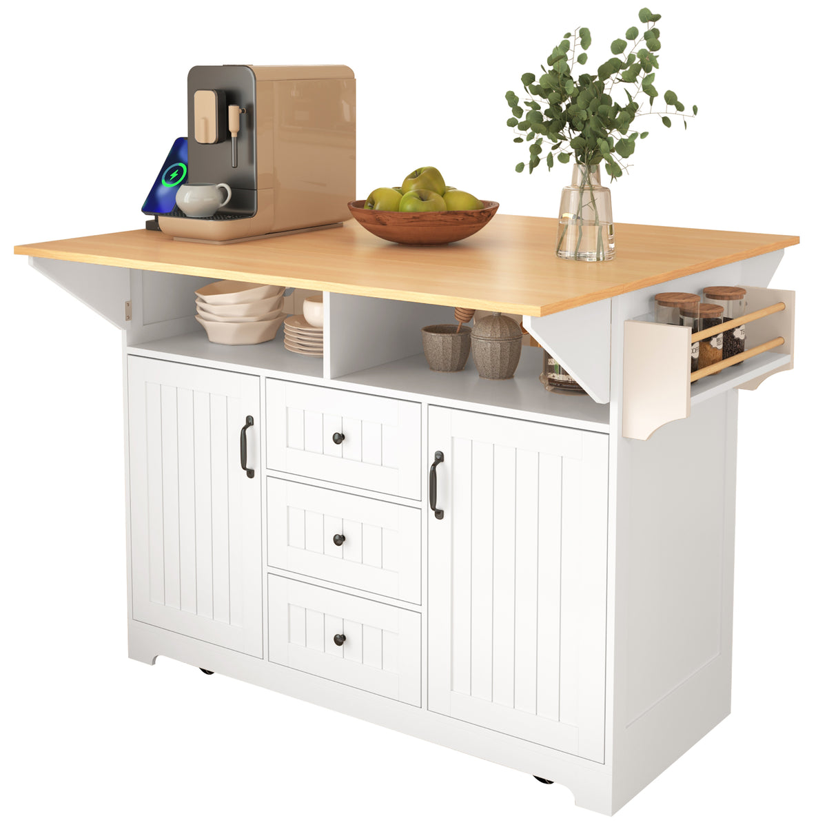 White farmhouse kitchen island with drop leaves and storage, designed by Anthony & Home for a rustic yet functional kitchen centerpiece.