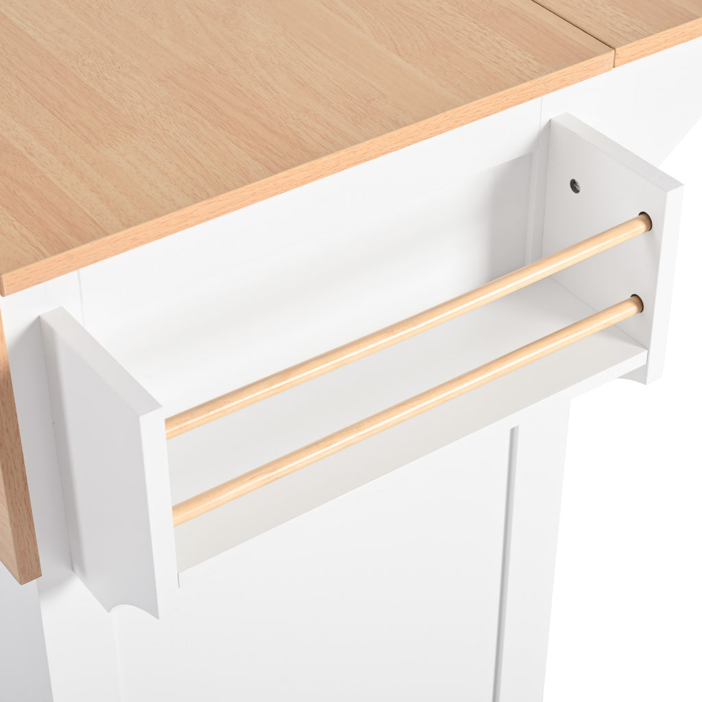 Anthony & Home Signature White Farmhouse Kitchen Island with Drop Leaves, wooden surface and sturdy legs in a bright, farmhouse style.